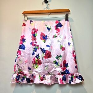PrettyLittleThing Mini Skirt 8 Pink Satin Floral Print Frill Hem